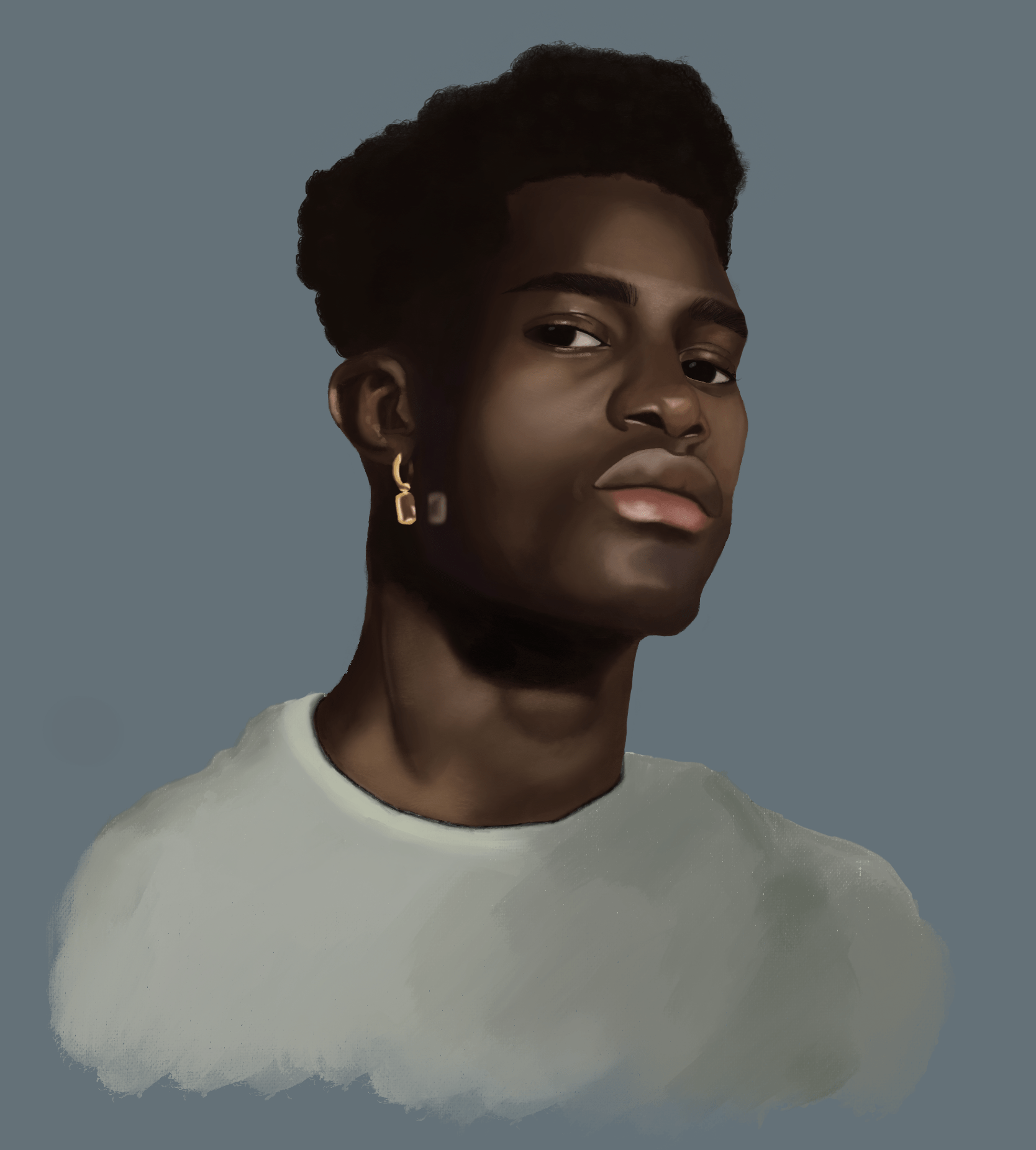 Digital art of a black man wearing a white shirt on a gray background and a dangly square earring. He looks pensively at the viewer.